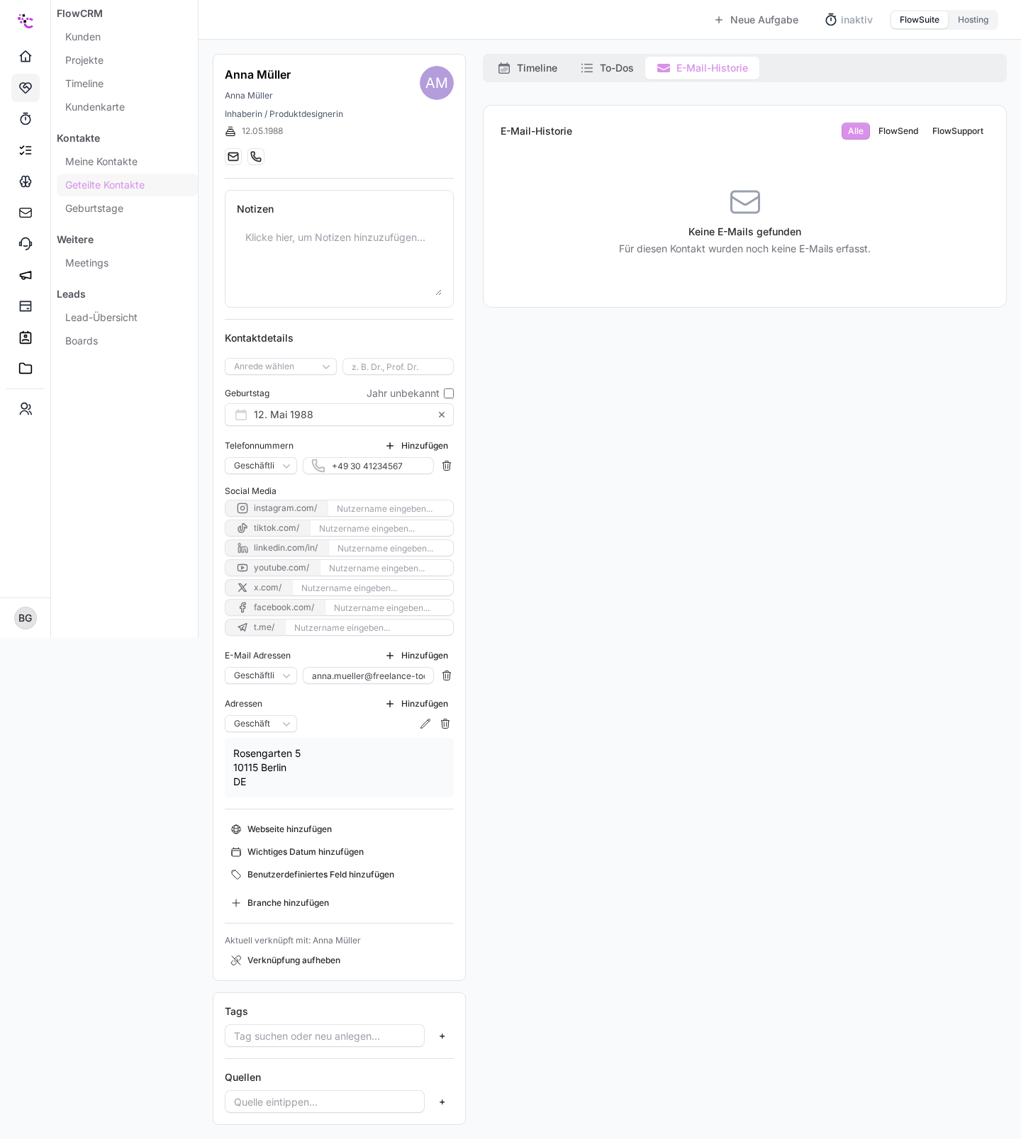 Die E-Mail-Historie eines Kontakts mit den Filtern Alle, FlowSend und FlowSupport