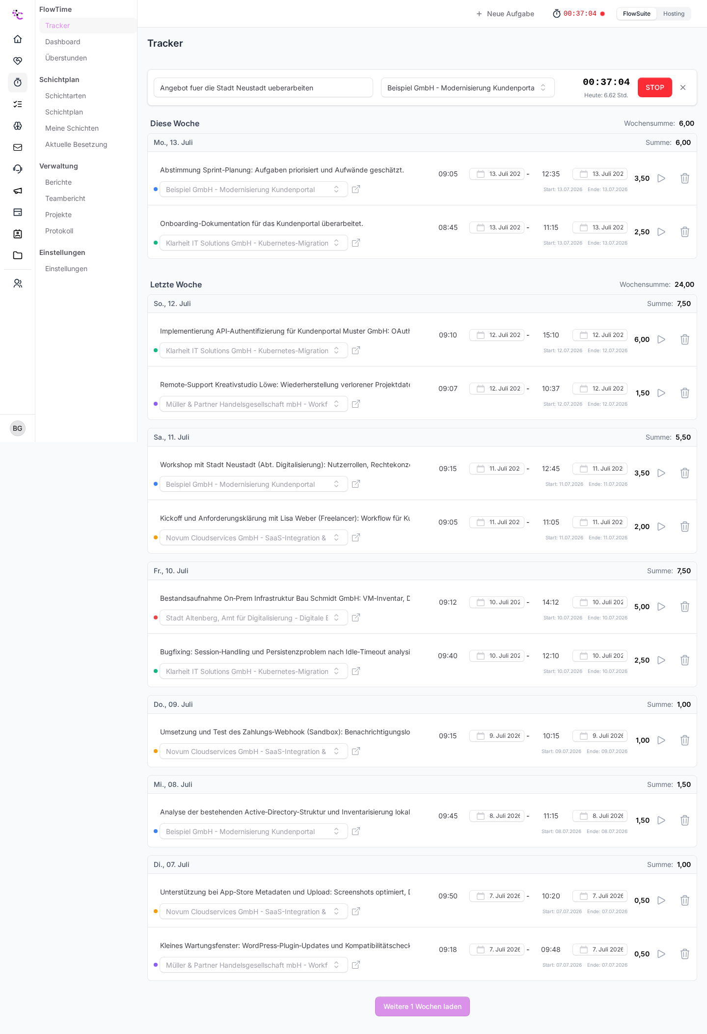Ein laufender Timer mit Stopp-Button und der mitlaufenden Zeitanzeige