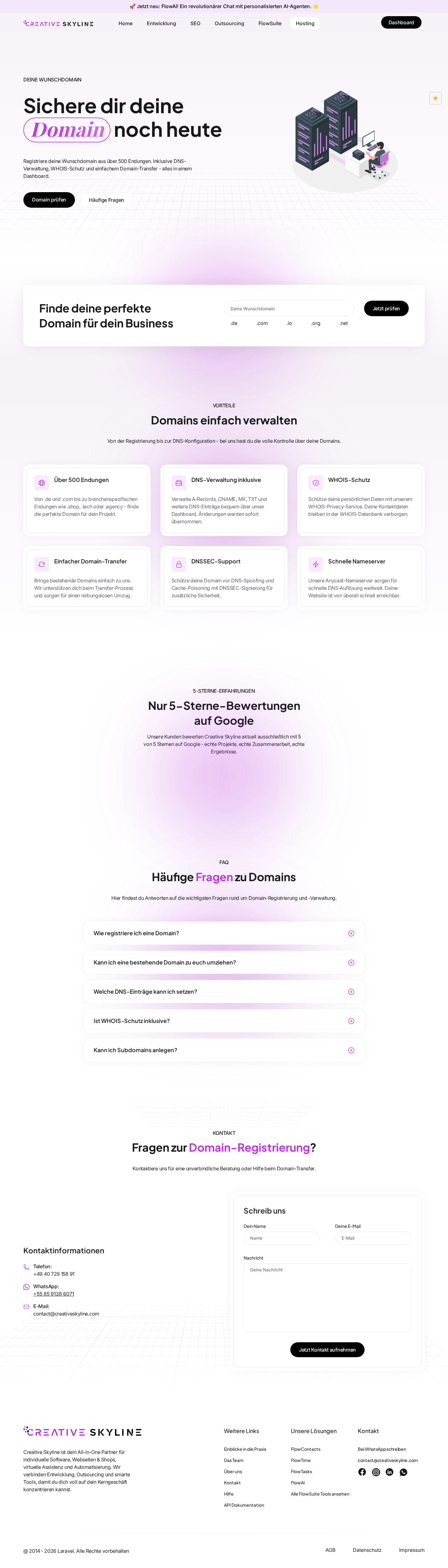 Domain-Suche mit Endungen und Prüfen-Schaltfläche