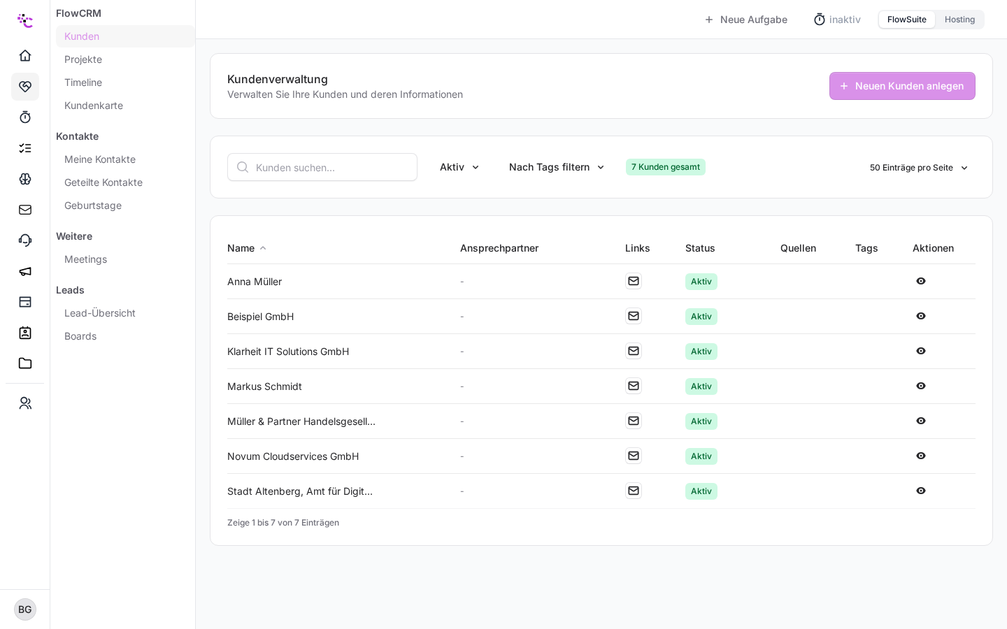 Die Kundenliste im FlowCRM mit dem Button zum Anlegen eines neuen Kunden