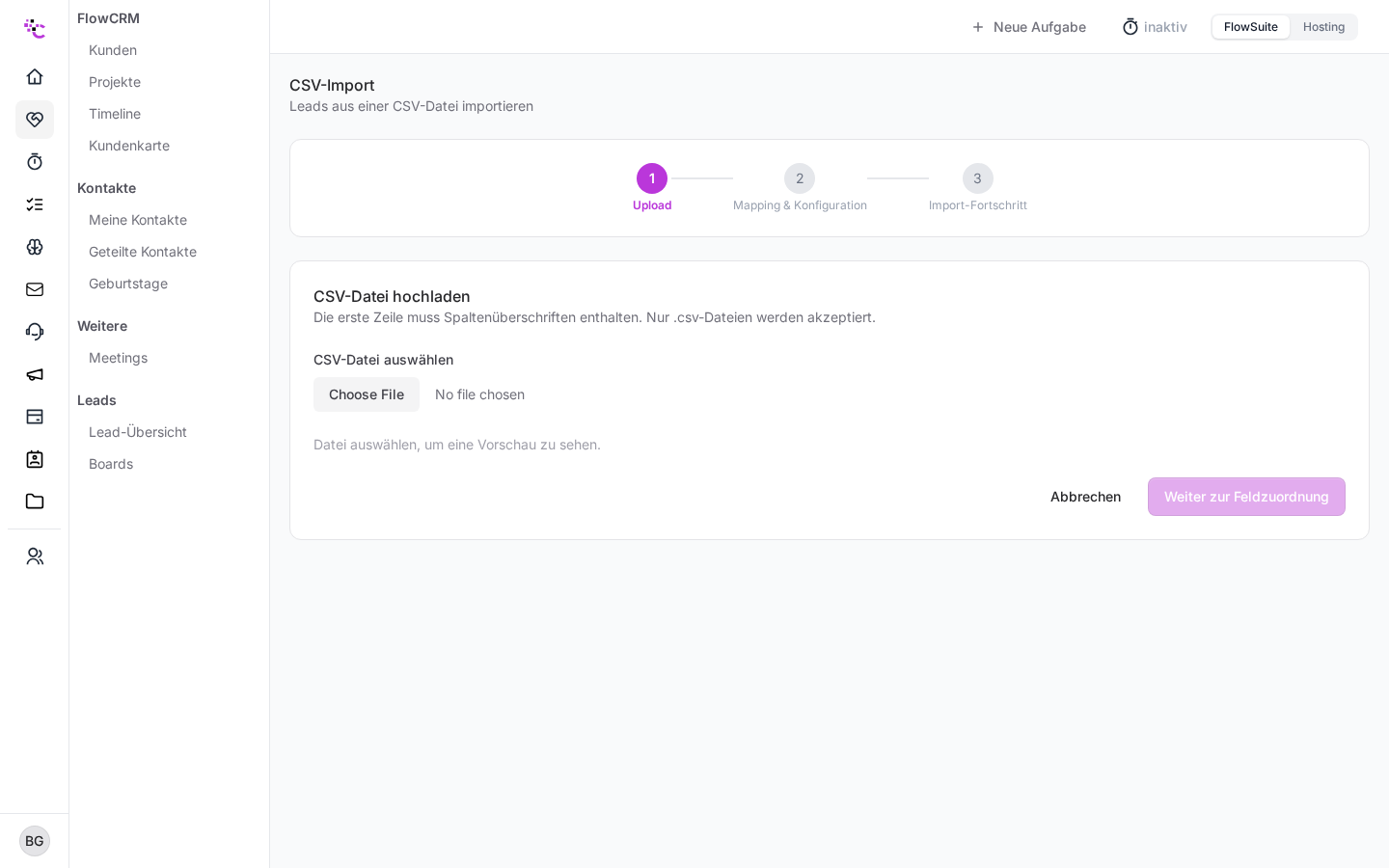 Der CSV-Import mit den drei Schritten Upload, Mapping und Import-Fortschritt