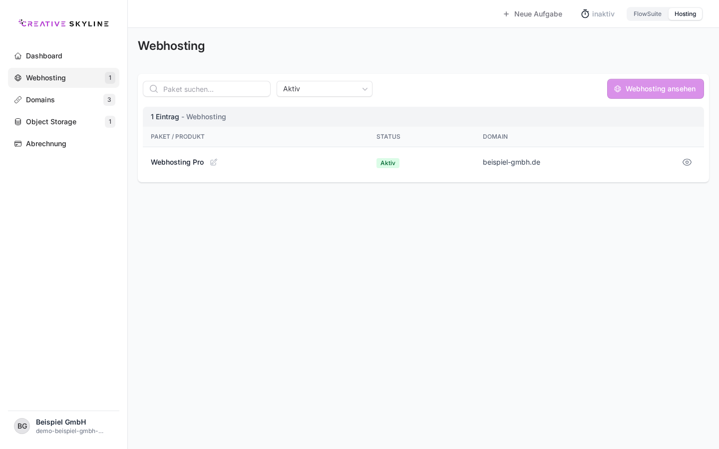 Webhosting-Paketliste mit dem bestellten Paket