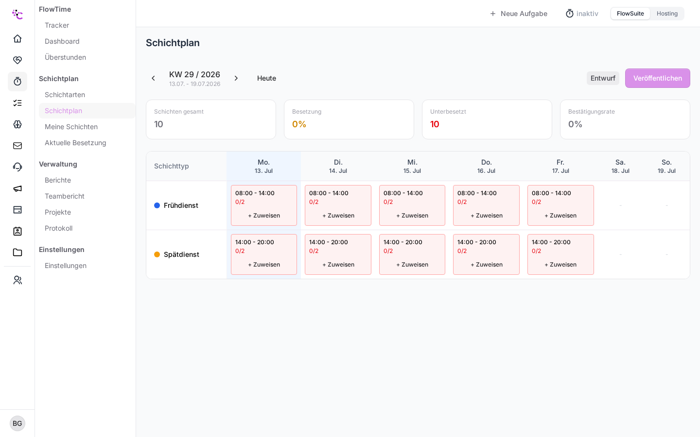 Der Schichtplan als Wochenraster mit Schichttypen, Zeiten und Zuweisen-Buttons