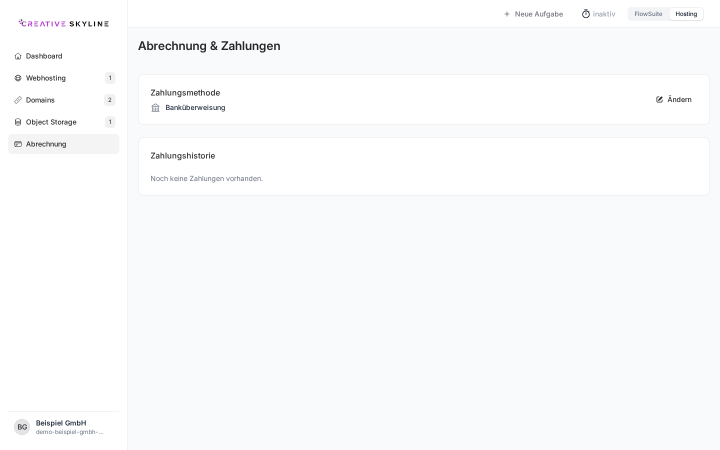 Abrechnungsseite mit Zahlungsmethode und Zahlungshistorie