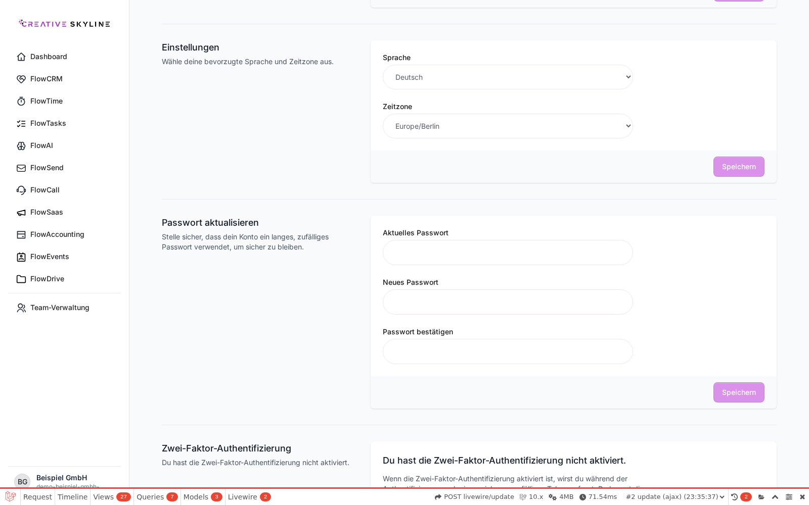 Passwort aktualisieren und Login-Historie auf der Profilseite