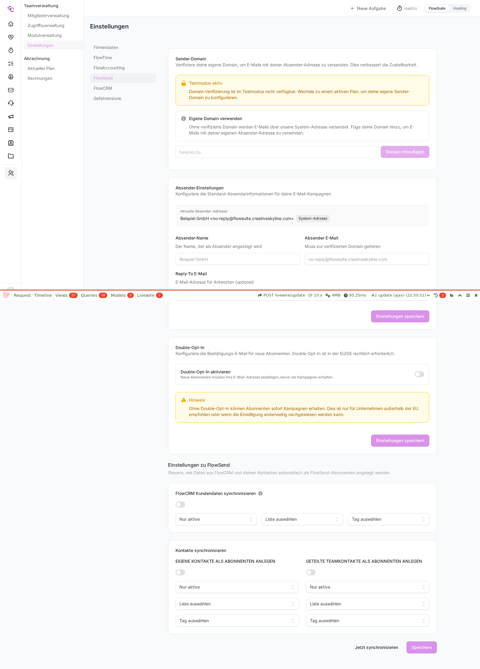 Absender- und Domain-Einstellungen in FlowSend