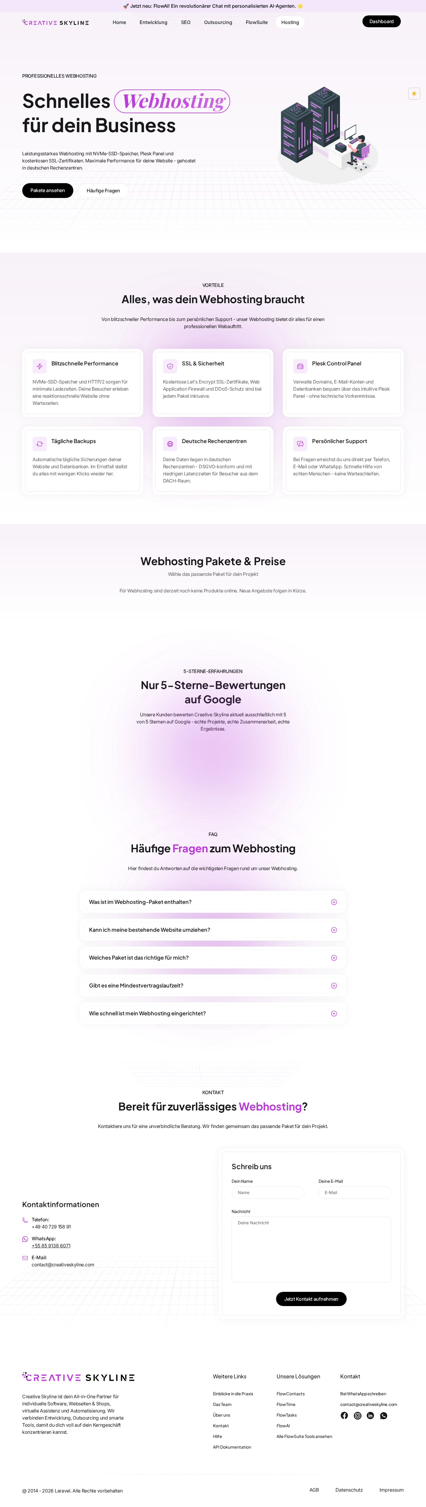 Webhosting-Produktseite mit Vorteilen und Paketauswahl