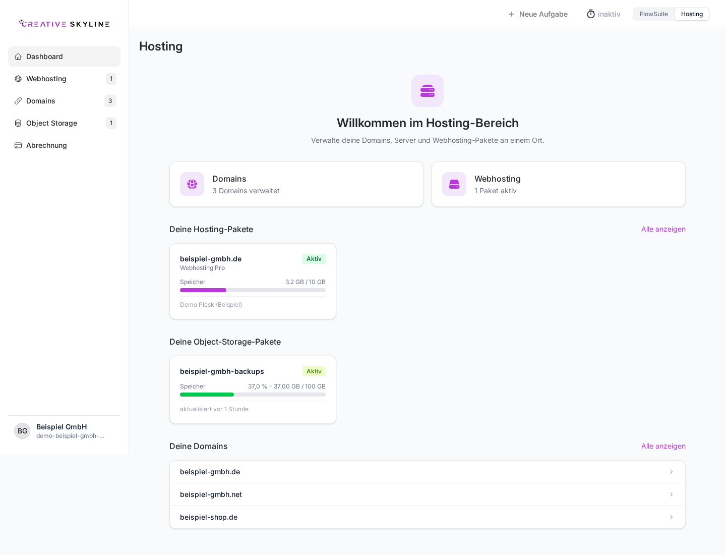 Hosting-Dashboard mit Uebersichtskacheln und aktiven Paketen