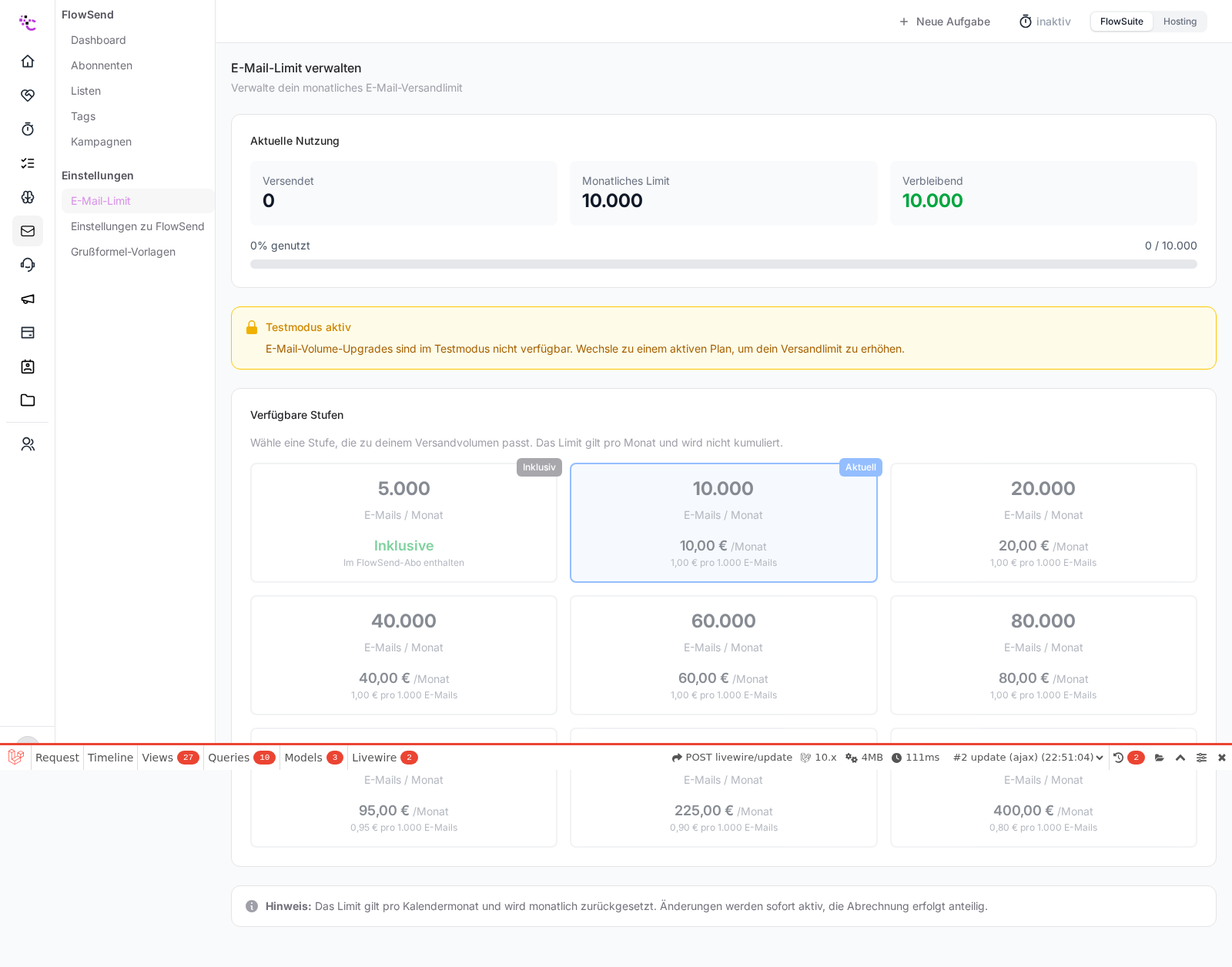 Anzeige des E-Mail-Limits in FlowSend