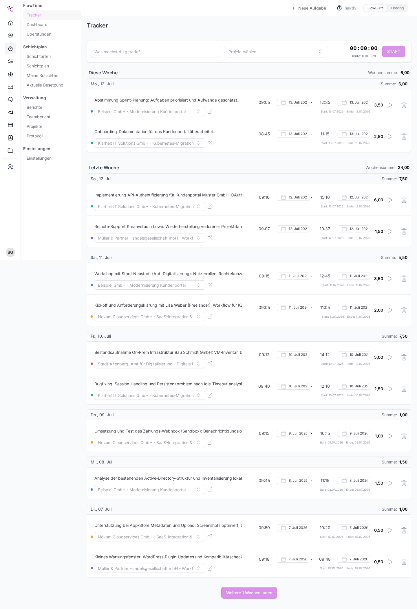 Der FlowTime-Tracker mit Beschreibungsfeld, Projektauswahl und Start-Button