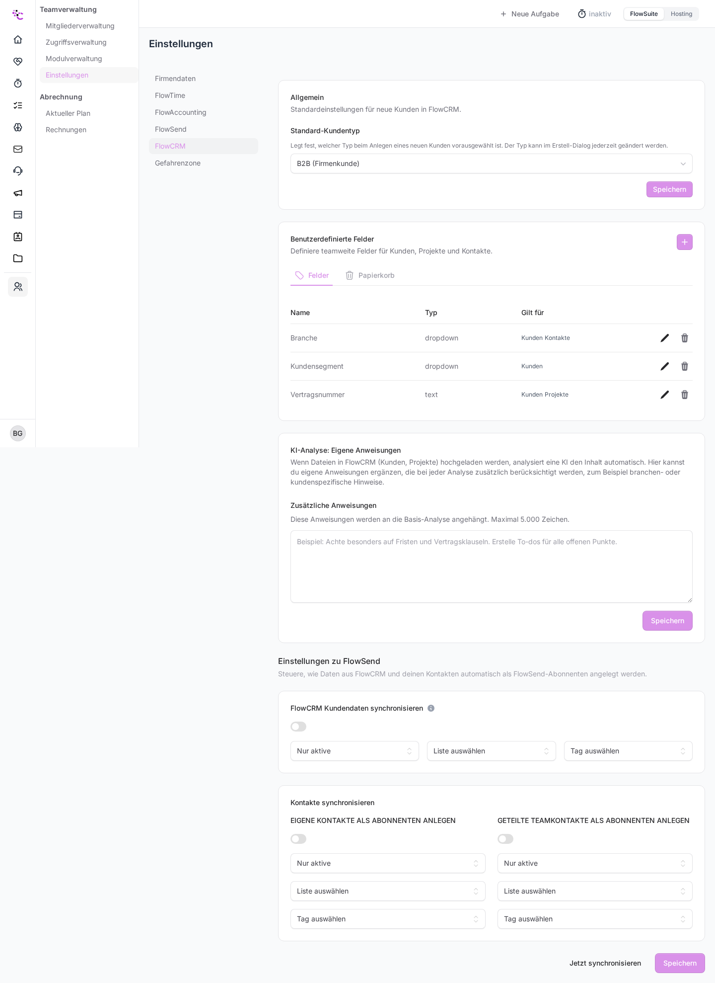 Die Verwaltung der benutzerdefinierten Felder in den FlowCRM-Einstellungen