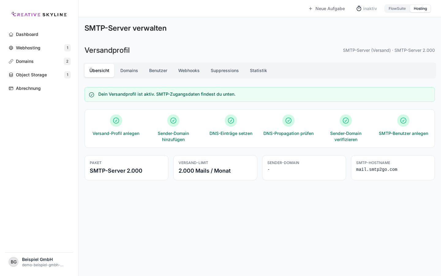 SMTP-Server-Detail mit Einrichtungsschritten und Zugangsdaten