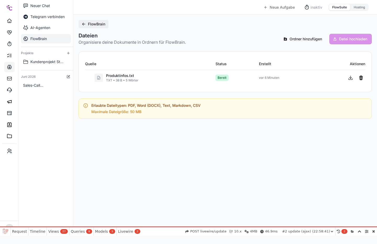 Der Datei-Bereich in FlowBrain mit hochgeladenem Dokument