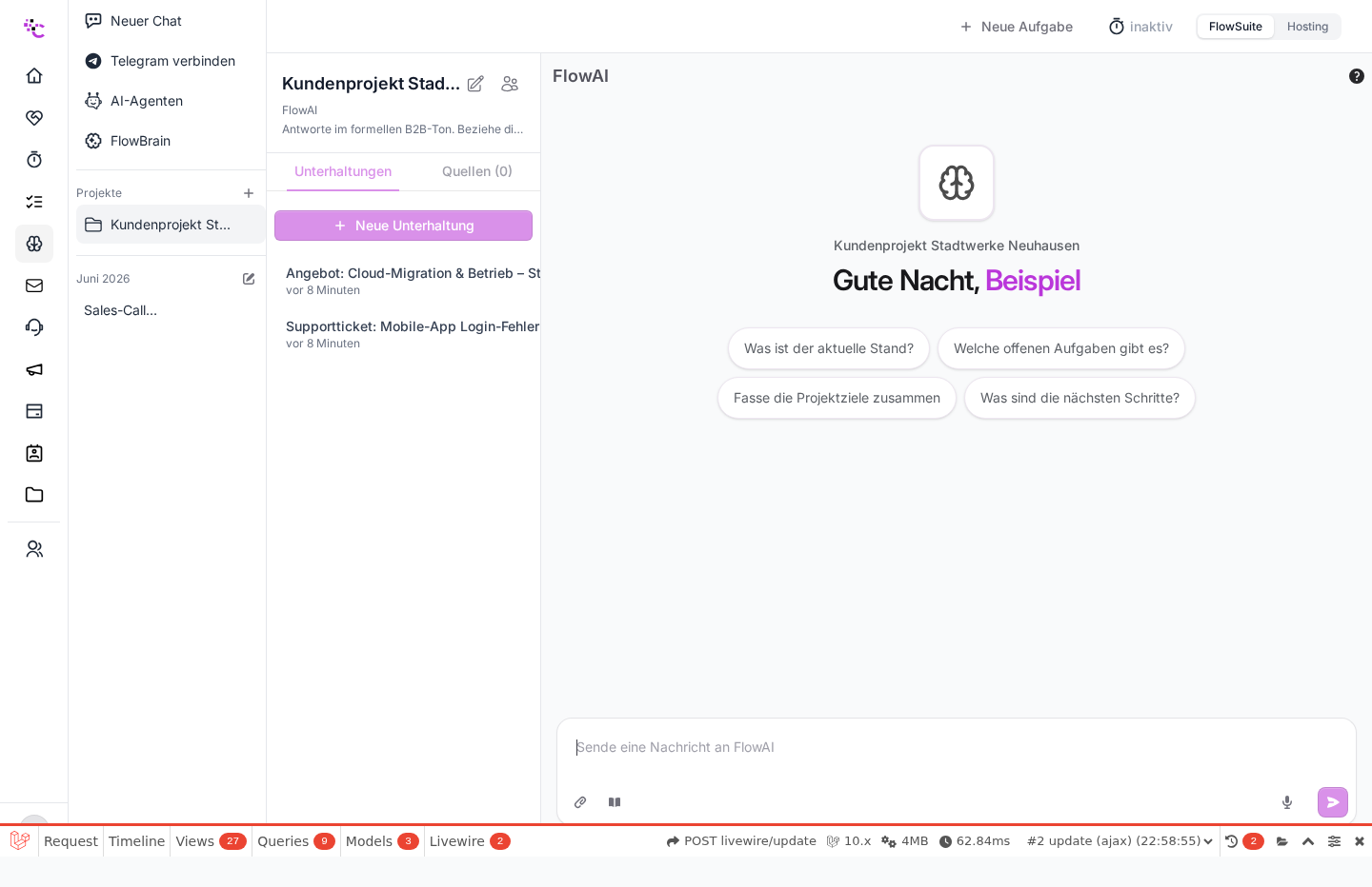 Ein Projekt-Chat mit Unterhaltungen und Projekt-Anweisung