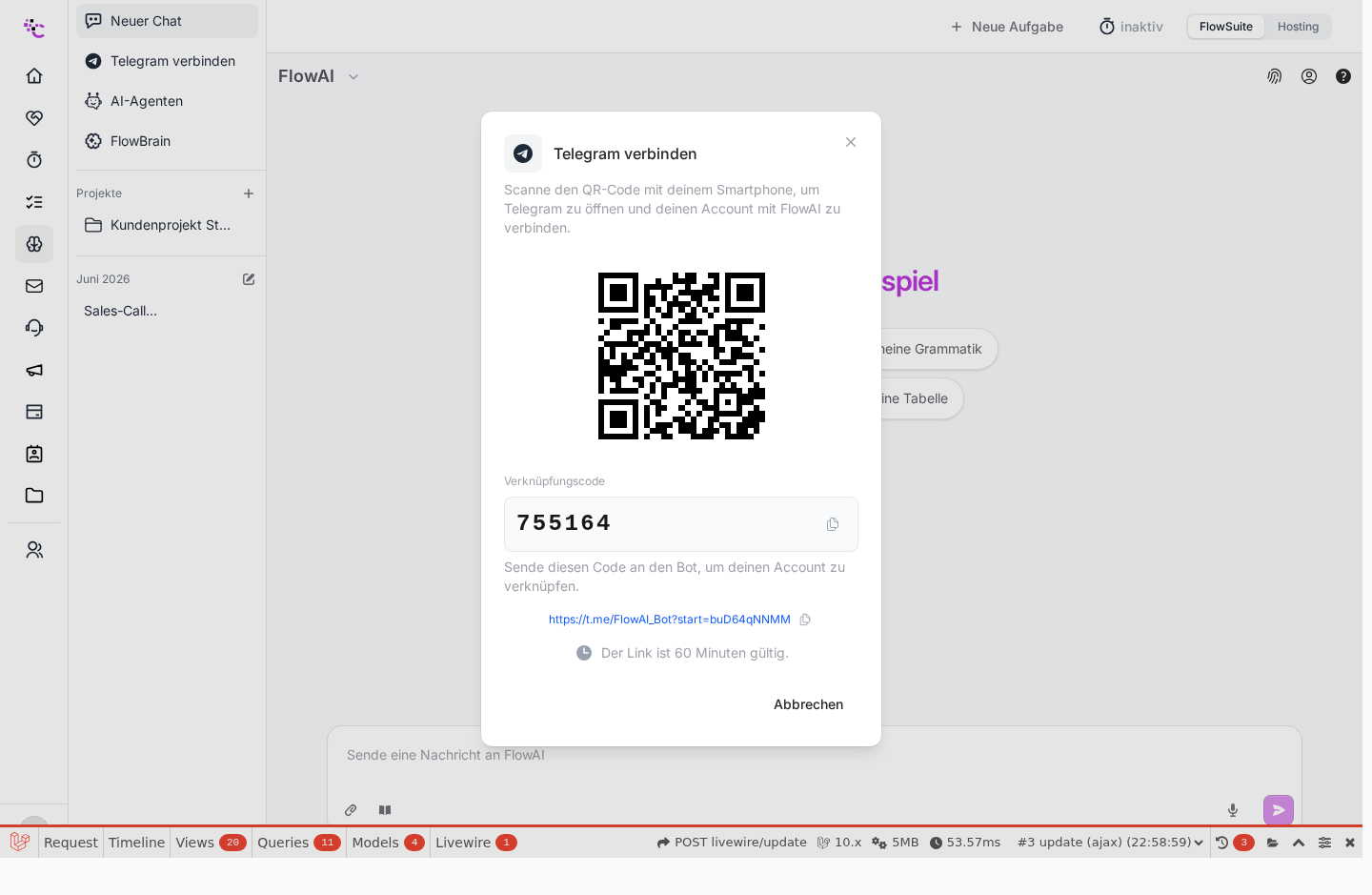 Das Fenster zum Verbinden von Telegram mit QR-Code und Code